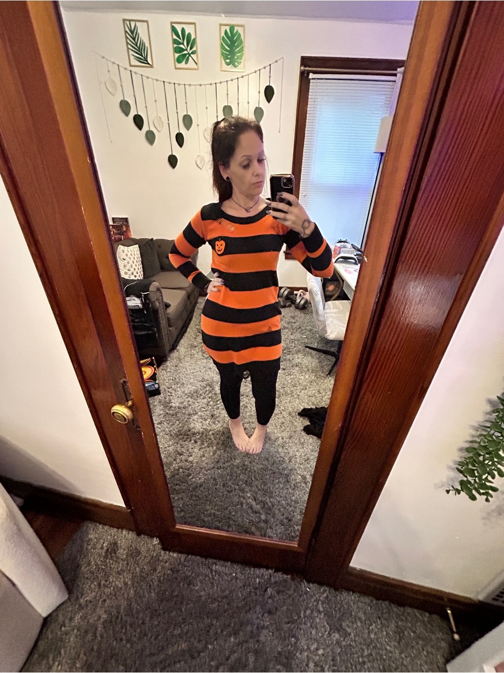 Women’s  Halloween Pumpkin Stripe Sweater Dress - Orange & Black